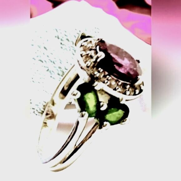 STERLING SILVER RING RASPBERRY Rhodolite Chrome Diopside & Zircon Rhodium SZ 6 - Picture 11 of 11